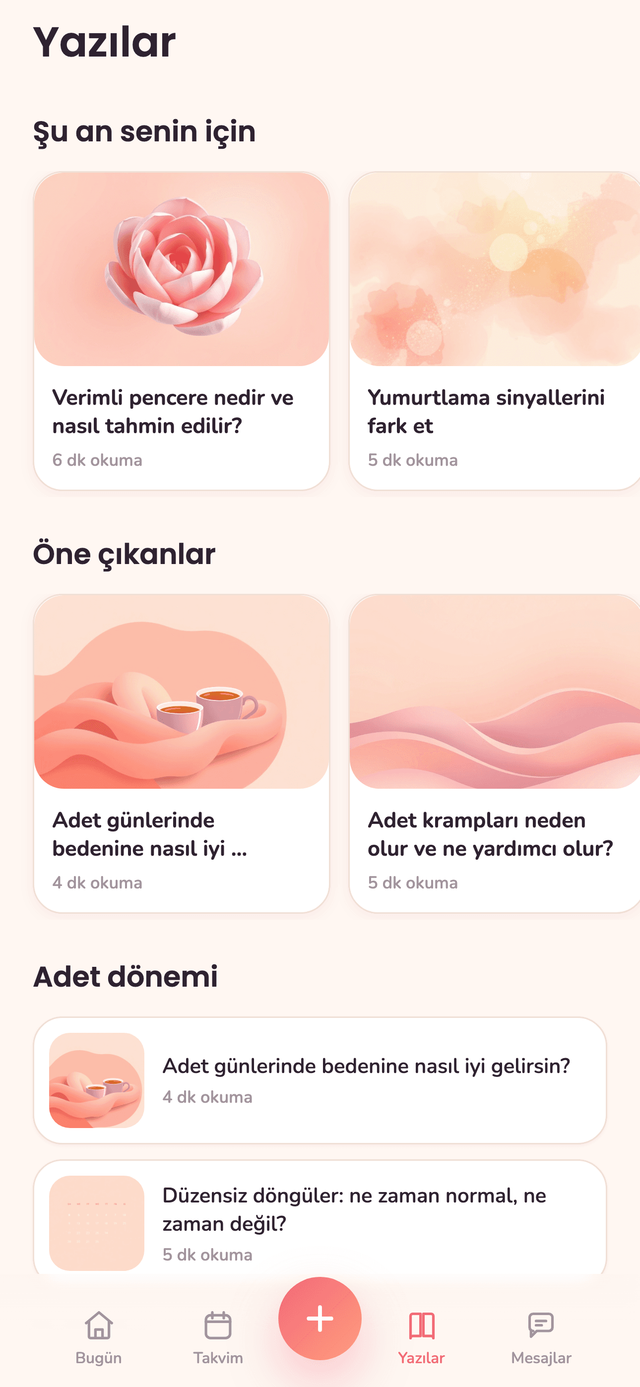 Ovelivia Yazılar ekranı — faza uygun uzman içerikleri
