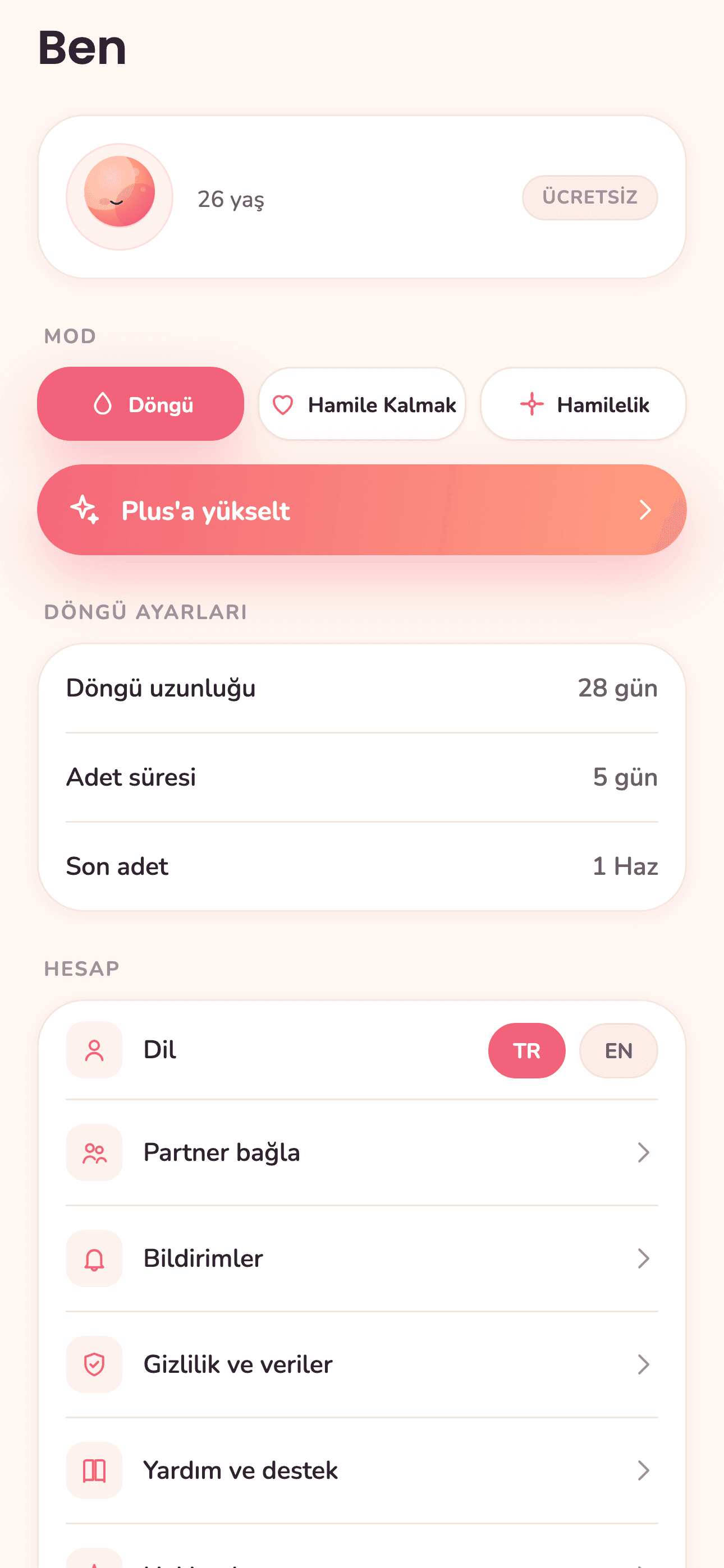 Ovelivia profil ekranı — mod seçimi ve döngü ayarları